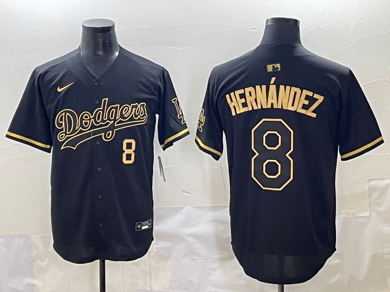 Men 2025 Los Angeles Dodgers 8 Hernandez Black Gold Five generations Nike MLB Jersey style 2